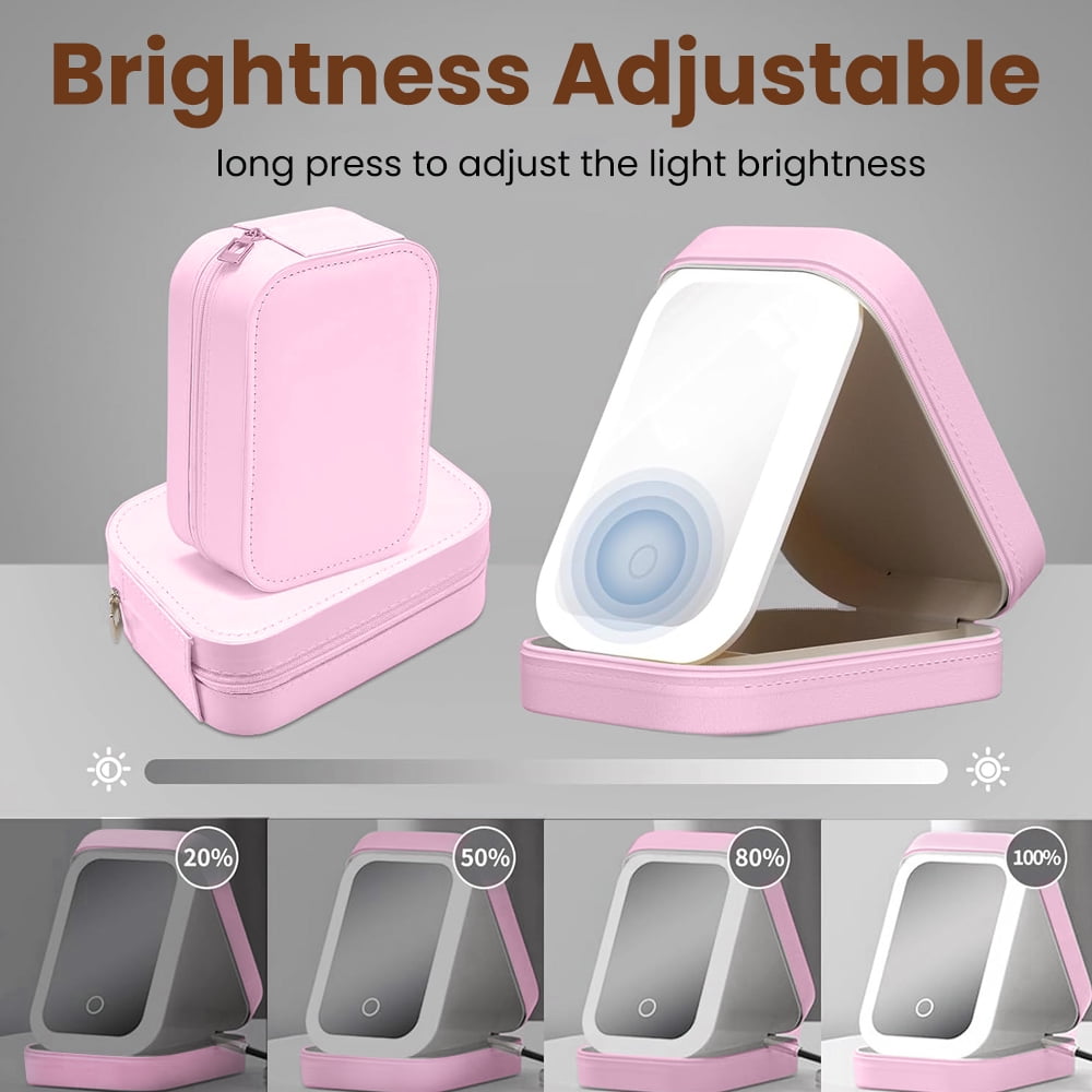 Ouwald Makeup Bag With Led Mirror, Travel Makeup Case with 3-Color Adjustable Light Mirror, 1200mAh Rechargeable LED Makeup Mirror Organizer