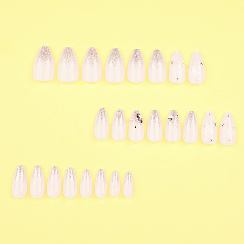 24Pcs French Glitter Snowflake Diamond Nude Christmas Press On Nails Removable False Nails For Women And Girls
