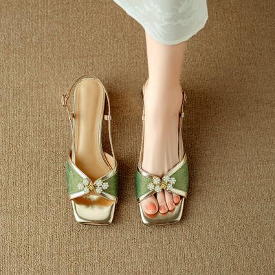 Sandali da donna estivi con fibbia a disco perline testa quadrata open-toe stile nazionale retrò tacco medio spesso con sandali
