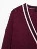 2025 Spring V-Neck Dark Red Color Block Stripe Knit Cardigan - European & American Style