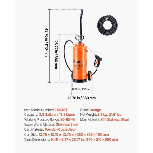VEVOR Industrial Concrete Sprayer with Wheeled Cart, 14L Stainless Steel Sprayer, Heavy Duty Tri-Poxy Pump Sprayers, 52cm Wand, 1.2m & 3m Hoses