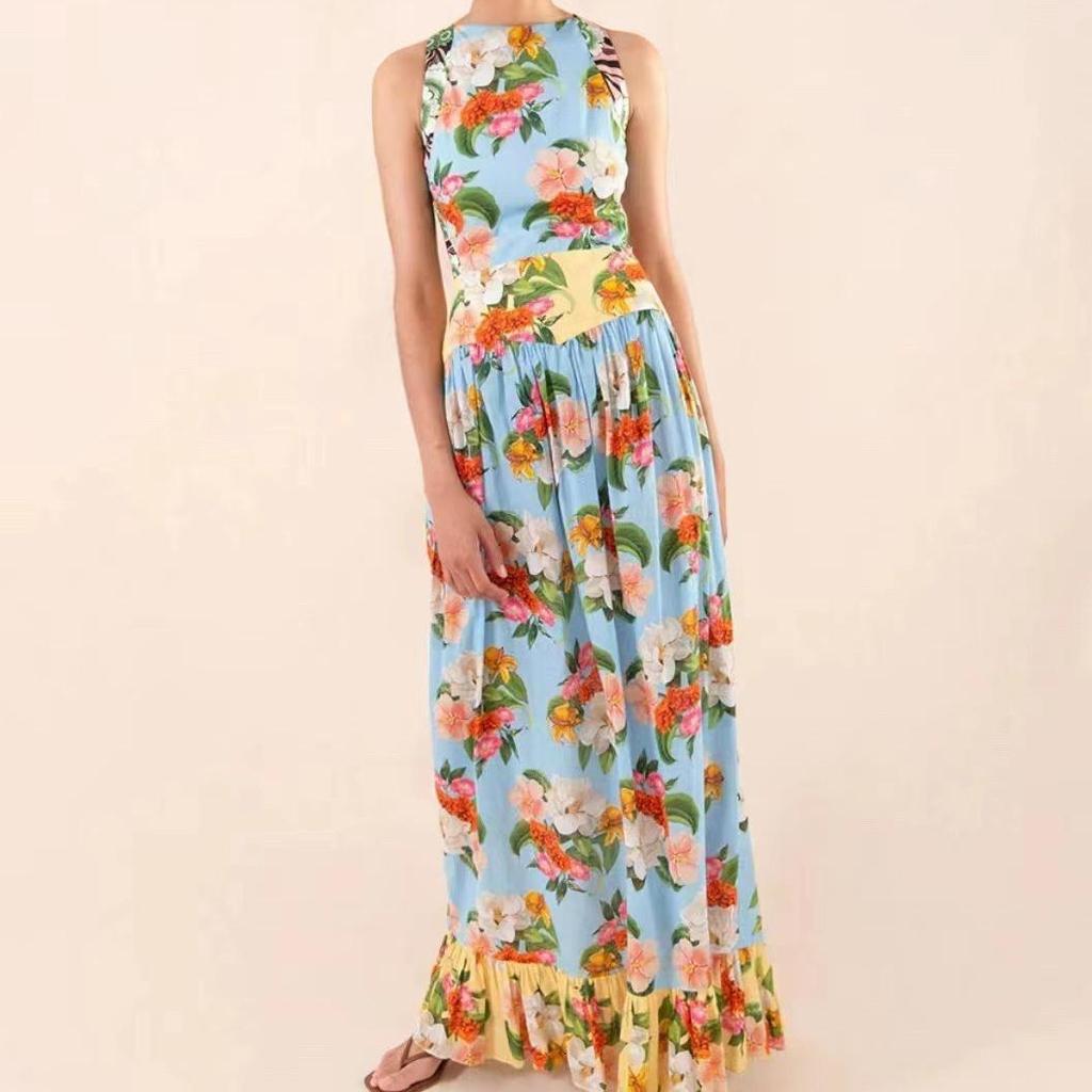 Morelowa sukienka szyfonowa halter z falbanami - Lato 2023 Bez ramiączek Koronkowa Bez rękawów Maxi spódnica