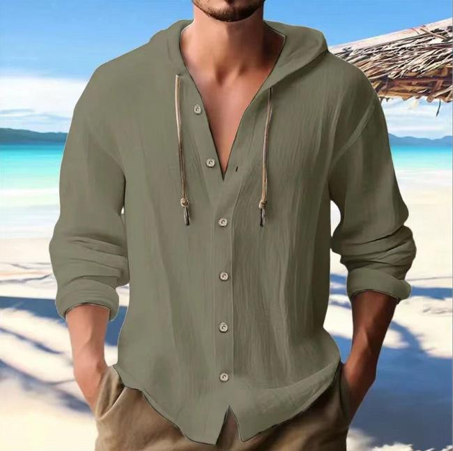 Spring and Summer men's hooded T-shirt solid color linen men's casual long-sleeved top