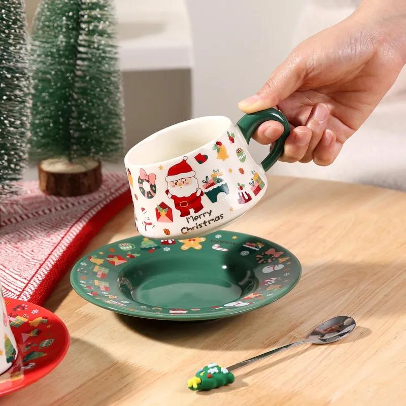 Cute Christmas Gift Mug with Dish Spoon Santa Claus Cup Dish Ceramic Cup Souvenir