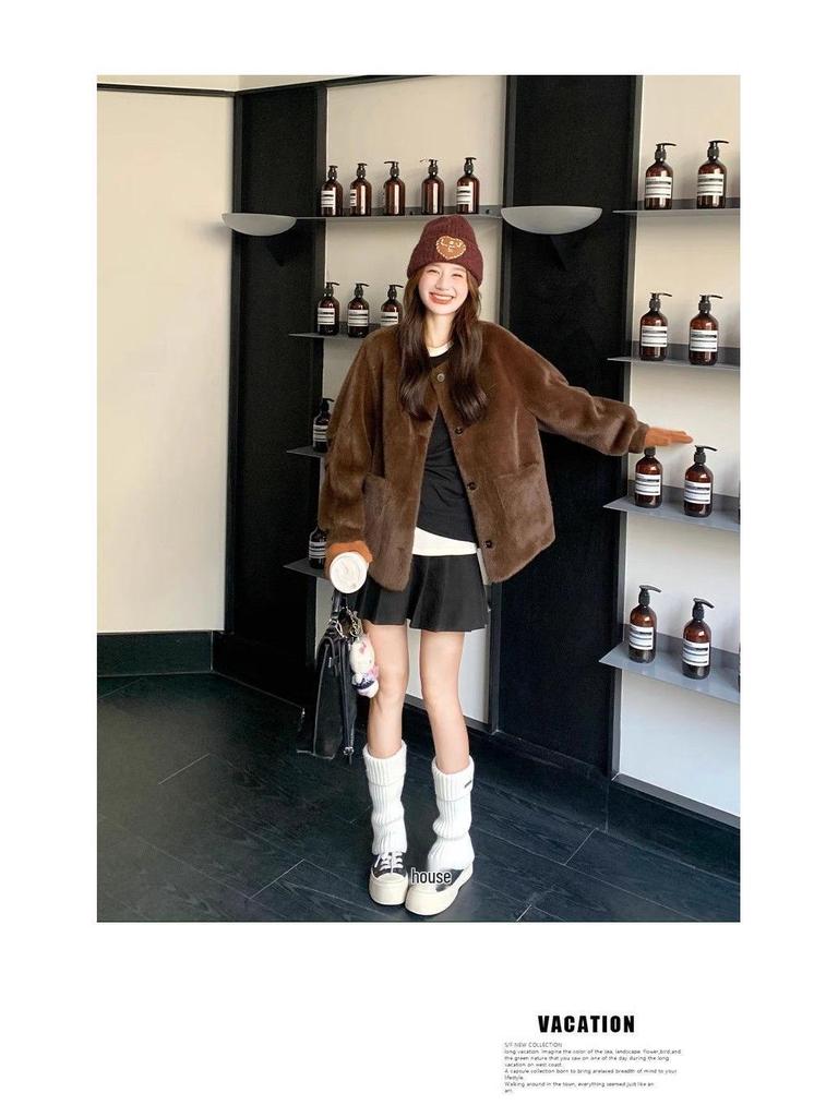 Korean Retro Mink Velvet Fur One-Piece Coat - Women's Winter Loose Slimming Thickened Style