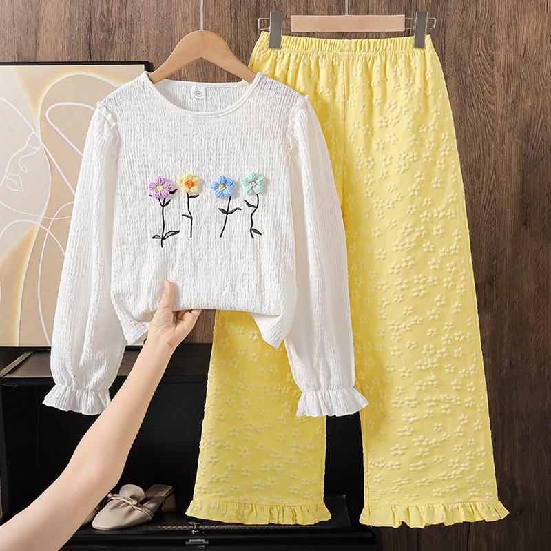 

Наряд для девочек Детская одежда Осень Новинка Милый Топ с длинным рукавом с 3D-цветком Кружевные длинные брюки 12Y белый