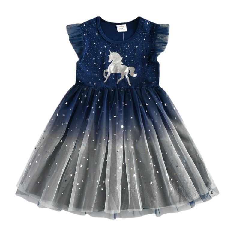 Girls' Fashionable Short-Sleeve Unicorn Dress: Summer Children's Tulle Princess Dress