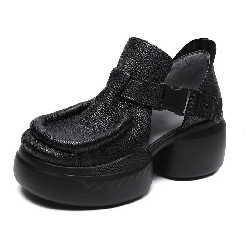 

Модные ретро туфли из натуральной кожи на толстой подошве на платформе для женщин 2024 года, летние новые водонепроницаемые удобные сандалии ручной работы с круглым носком 34 чёрный