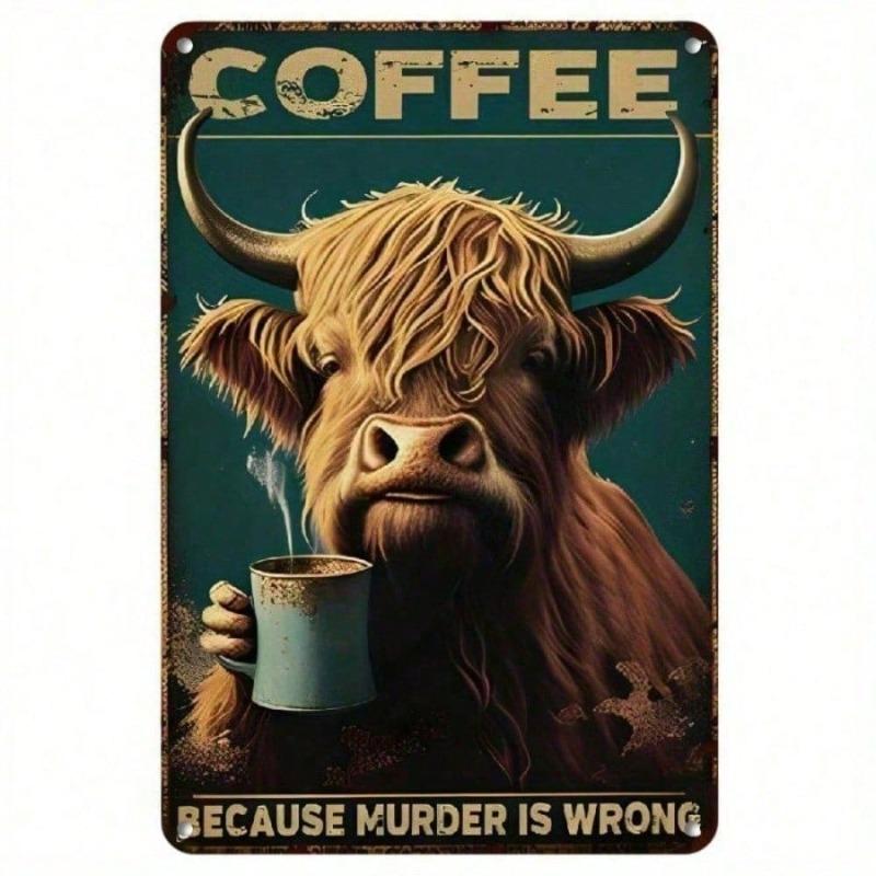 HEMITONG Rustic Highland Cow Metal Tin Sign 8x12 Inch, Vintage "Coffee Is Wrong" Wall Decor Art for Kitchen Cafe Coffee Shop, Fu
