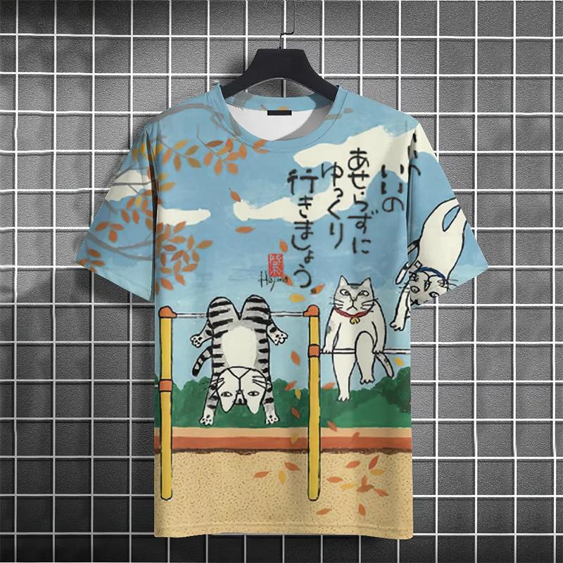 Summer Round Neck 3D Funny Cat Print Top Fashionable Casual Short Sleeved Men's T-shirts