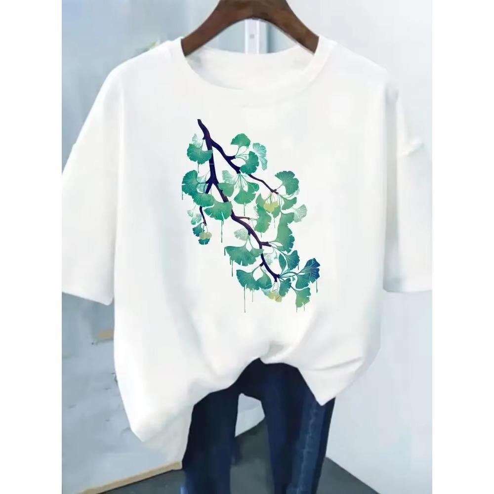 Flower Print Fashion Plant Trend Lovely print ladies T-shirt casual basics O-collar Black shirt short sleeve ladies T-shirts