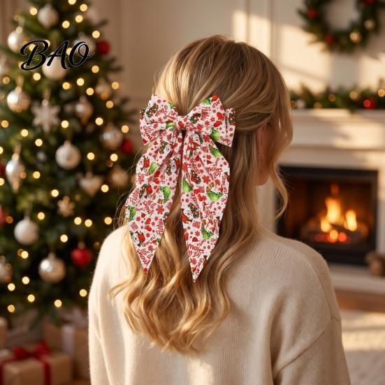 Red And Green Christmas Hair Clips Bows for Women Girls, Snowman Bow Clips, Handmade Elk Printed Bows, Festive Holiday Ribbons with Long Tail,