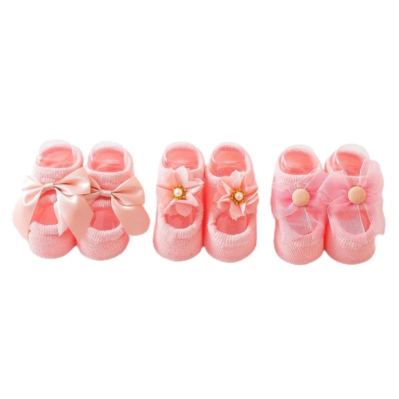 3 Pair Baby Girl Ankle Socks Lace Bow Infant Anti Slip Socks Newborn Princess Pearl Low Cut Socks Children Home Floor Shoes