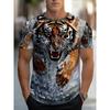 Fierce Tiger Charging 3D Graphic Tee Men's Fashion Short Sleeve T-Shirt Casual Crew Neck Summer Pullover Wild Animal King River Landscape Style Top