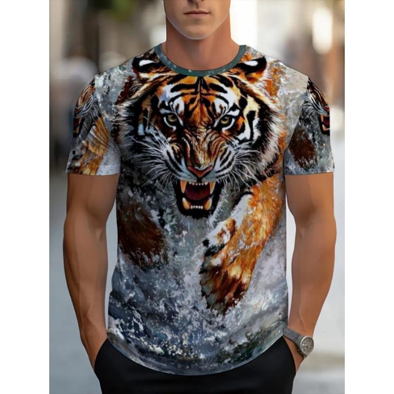 Fierce Tiger Charging 3D Graphic Tee Men's Fashion Short Sleeve T-Shirt Casual Crew Neck Summer Pullover Wild Animal King River Landscape Style Top