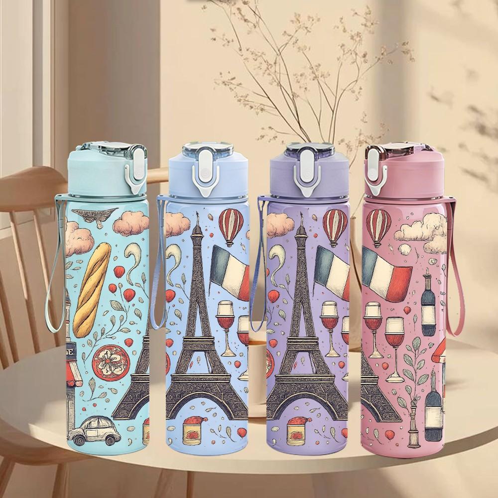 1PC Eiffel Tower Paris City Print 750ml Color Plastic Sports Water Bottle Leakproof Flip Straw Lid Suitable for Sports Office Home Use