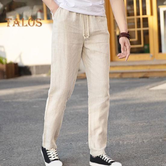 Men's Linen Casual Pants Solid Color Straight Leg Trousers Drawstring Waist Thin Summer Pants for Streetwear Travel Vacation
