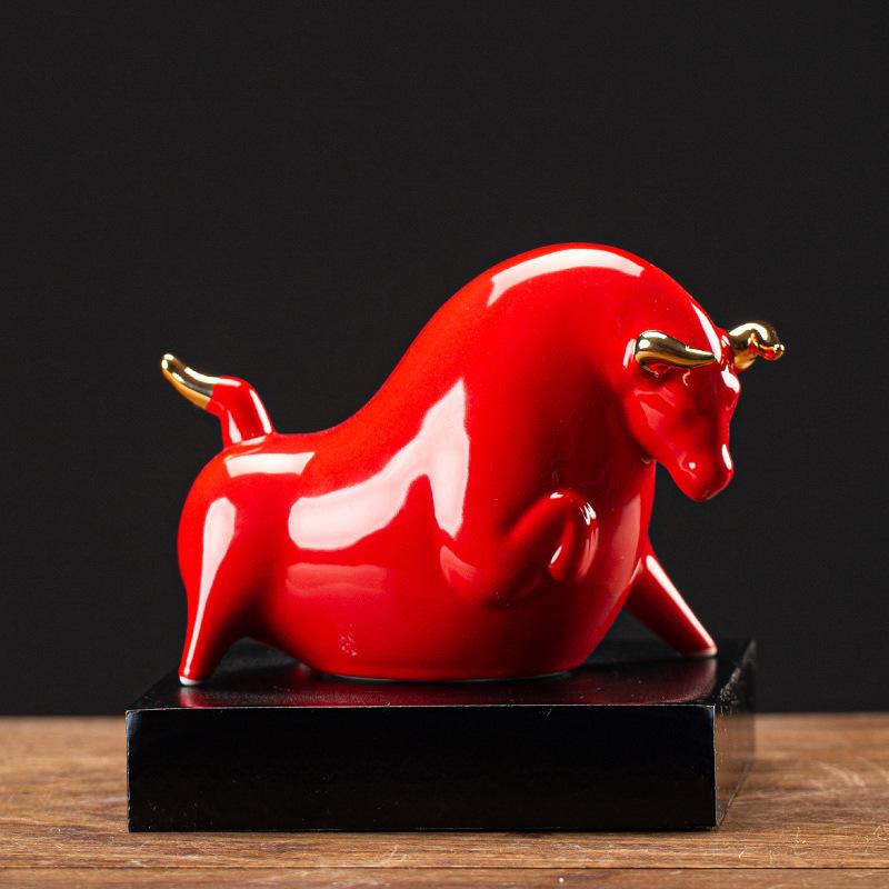 Red Ceramic Ox Figurine: Spirit-Soaring Handicraft for Home or Office Decor