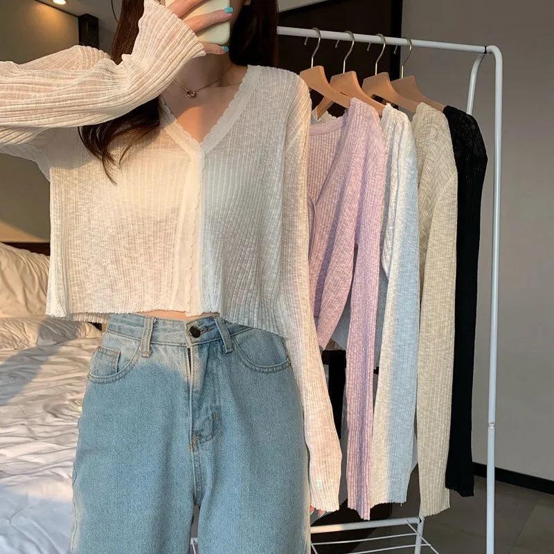 2025 Summer Ribbed Ice Silk Long Sleeve Knitted Cardigan – Women's Lightweight, Micro-Transparent, Hollow Out, Sun Protection.
