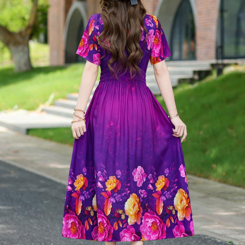 Elegantes Damenkleid Sommer Vintage Kleidung Lässig Kurzarm Lange Kleider