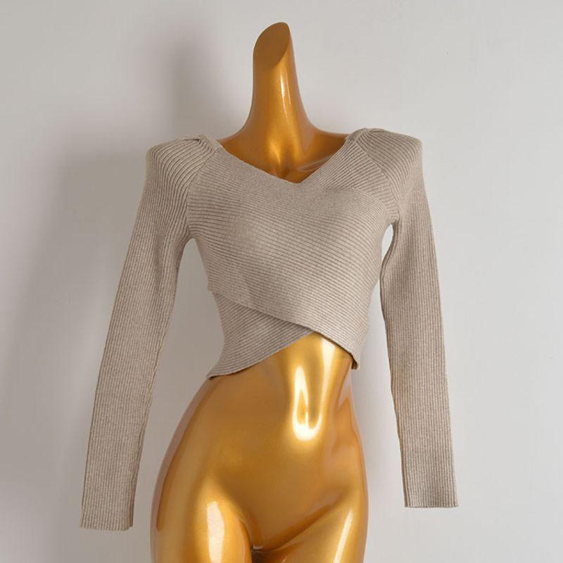 Fall and Winter New V-neck Asymmetrical Cross Sexy Knitwear Women's Silm Short Crop Top Bottoming Shirt Long Sleeves Tops