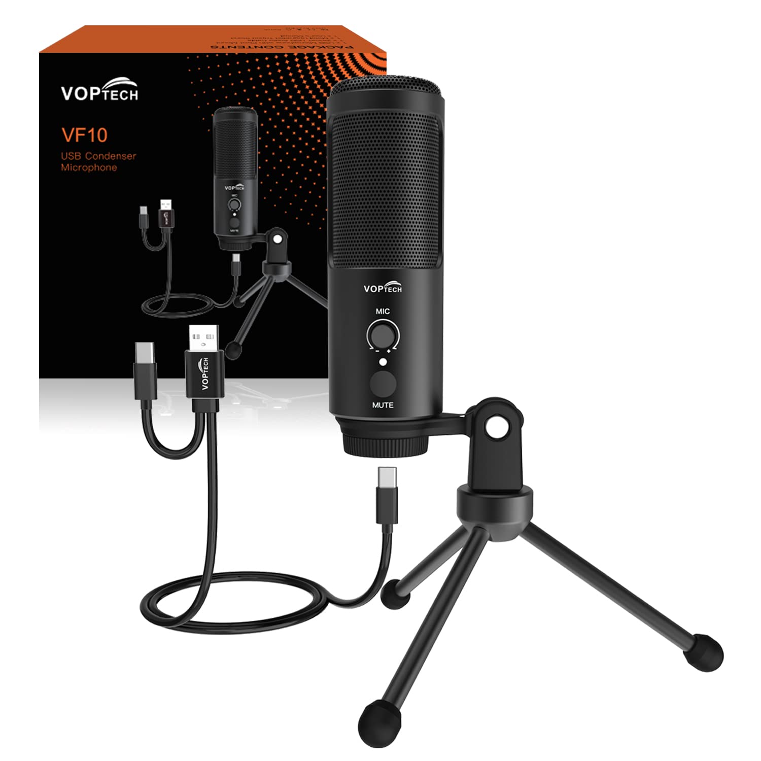 

[Совместимо с PS4PS5PC] Однонаправленный USB-микрофон VOPTECH VF10 Конденсаторный микрофон Регулировка громкости записи Штатив в комплекте YouTube