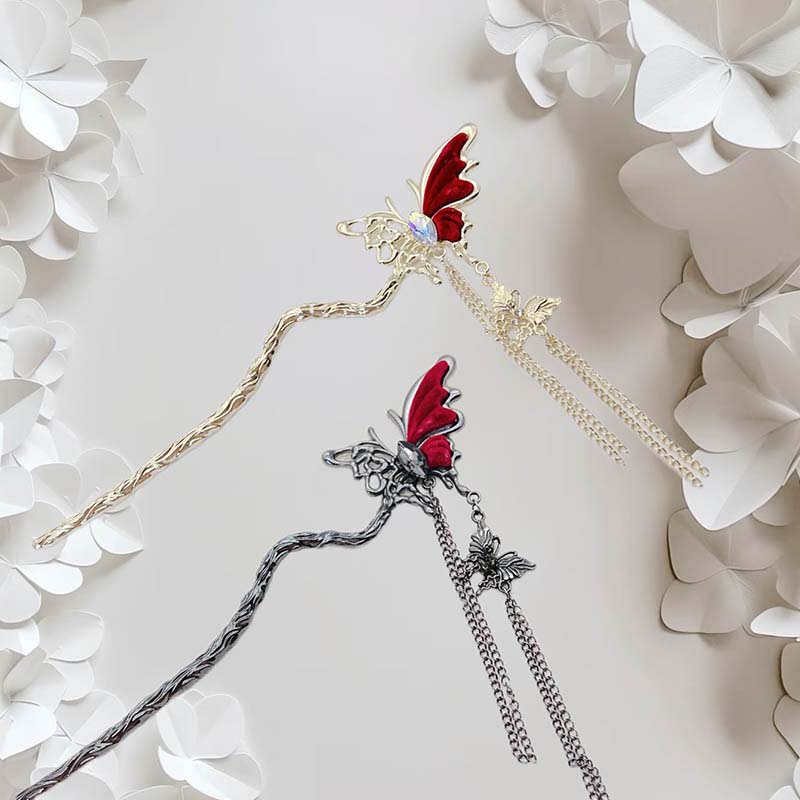 Vintage Roter Halber Schmetterling Quaste Haarstab Für Frauen Chinesischer Stil Metall Haarnadel Scheibe Haarstäbe Essstäbchen Haarschmuck