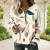 Women Plus Size Beige Brown Geometric Printed V Neck Half Zip Long Sleeve Sweatshirt