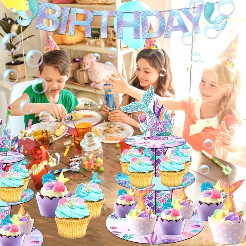 Mermaid Cupcake Stand Birthday Party Decorations, Under The Sea Supplies Favors with Mermaid Tail Toppers for Little Girl