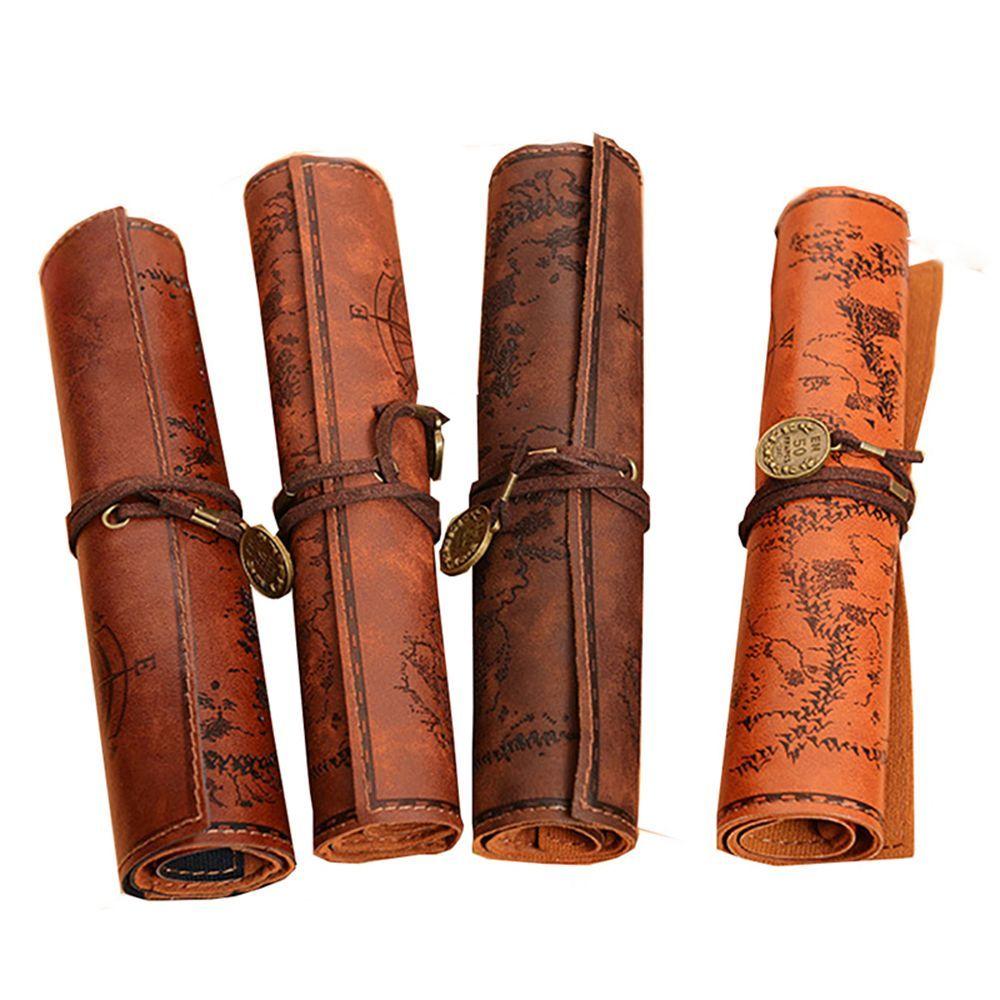 Treasure Map Roll Case Bag Purse Pouch Cosmetic Make Up PU Bag Leather Pen Pencil Case for School