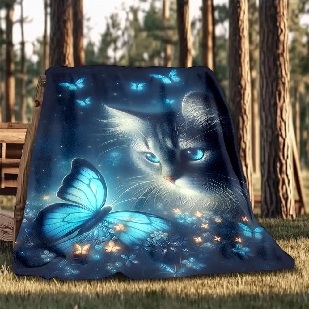 1pc Butterfly Cat Night Throw Blanket Polyester Fiber, Lightweight Flannel, Soft & Warm, All Season Use for Outdoor, Camping Digital Print