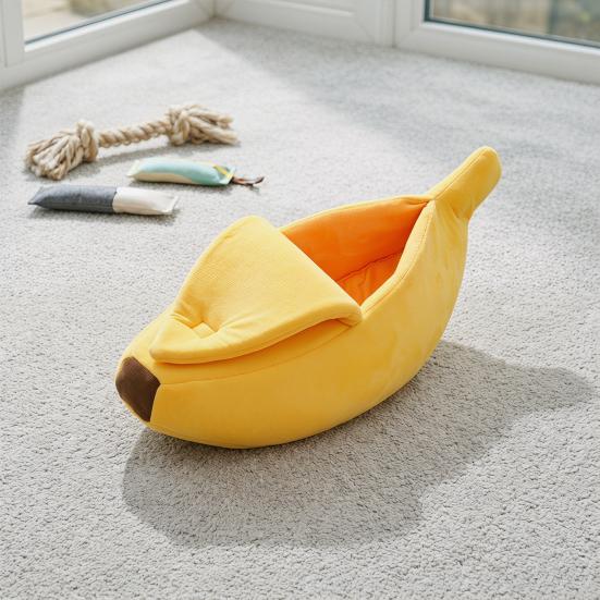 Cute Banana Cat Bed Plush Cozy Pet Cave Bed Semi-Enclosed Cat Hide Bed Fun Calming Bed for Puppies Cats Small Medium Sized Dogs