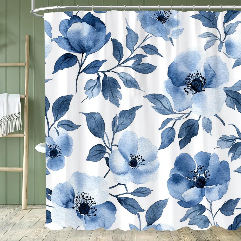 Beautiful Flowers Shower Curtain for Bathroom Blue Floral Romantic Wildflower Plants Nature Scenery Home Decor Curtain with Hook