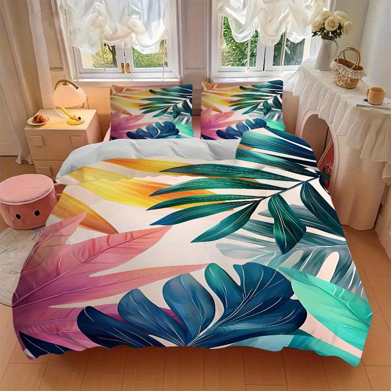 3Pcs Tropical Leaves Printed Bedding Set, Breathable And Soft,(Includes 1 Duvet Cover And 2 Pillowcases, Quilt Not Included) Yy250815177