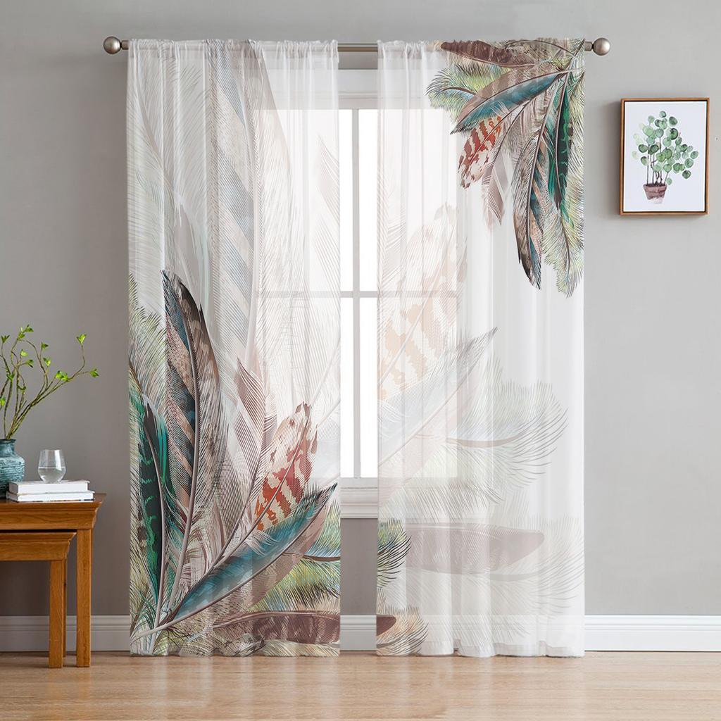 Peacock Feathers Green Tulle Sheer Window Curtains for Living Room Kitchen Children Bedroom Voile Hanging Curtain