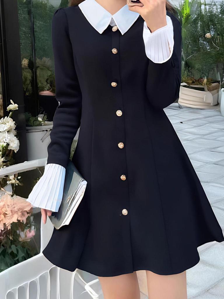 Hepburn Style Black Long Sleeve Petite Dress for Women - Autumn/Winter 2025