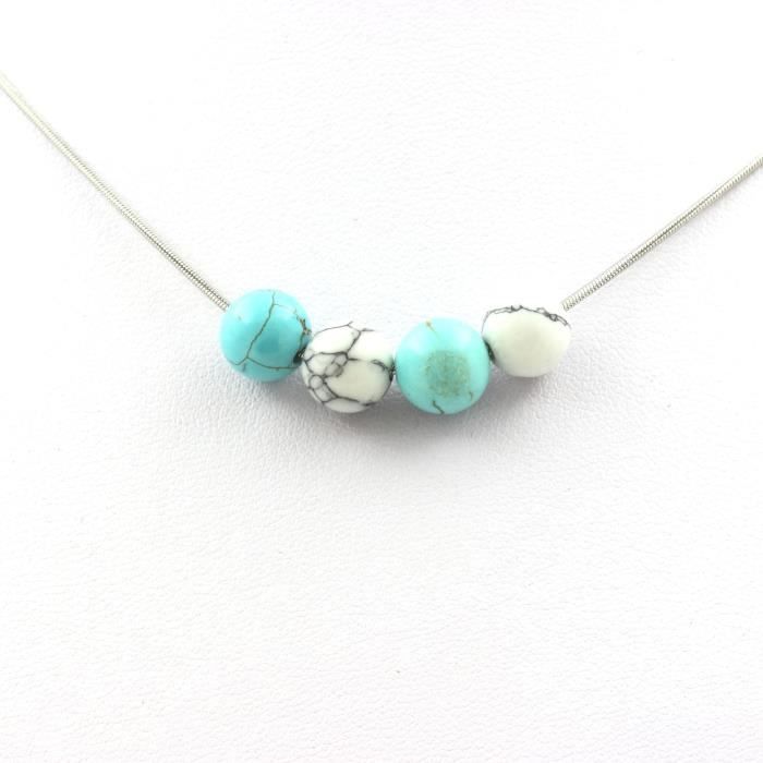 Collier - ABIJOUX - Turquoise + Howlite - 8 mm - Acier inoxydable - Longueur personnalisable