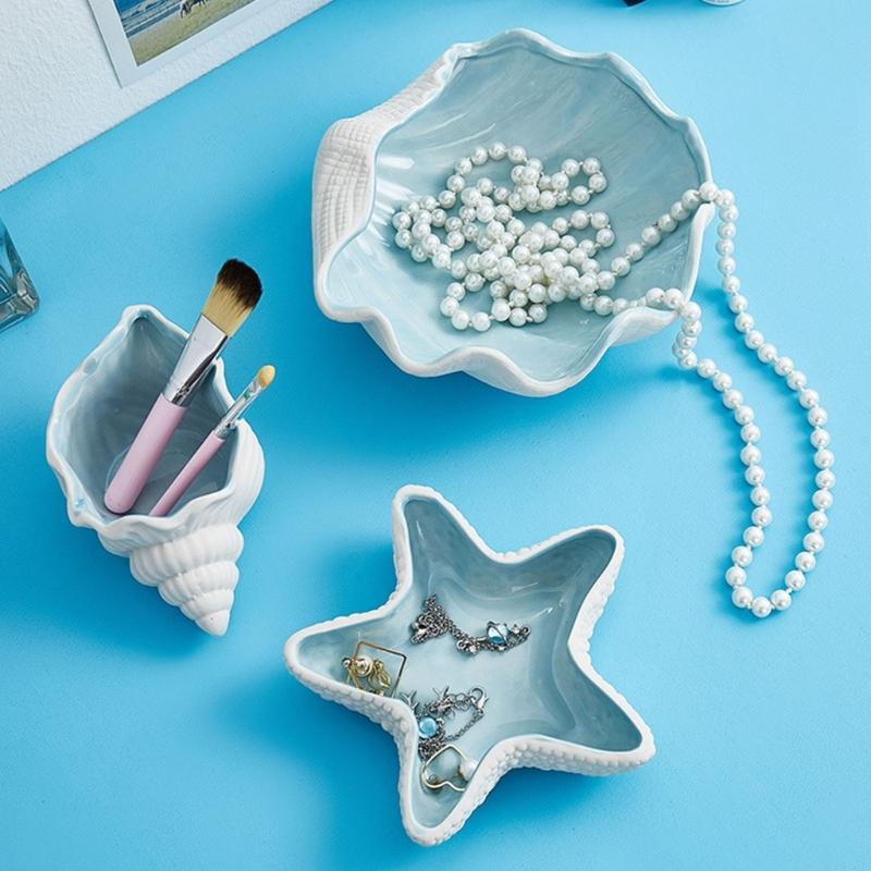 Elegant Coastal Themed Ceramic Dish For Jewelry Storage Makeup Vanity Tabletop Decorative Display Tray