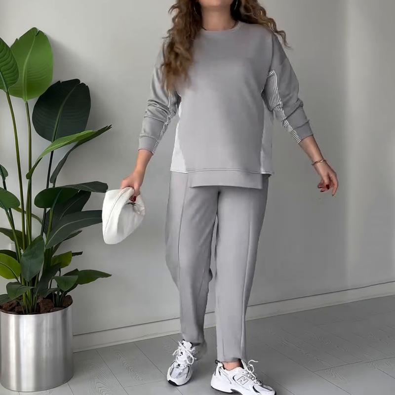

2025 Women s Loose Round Neck Spliced Casual Fashion Set with Comfortable Pants XXL