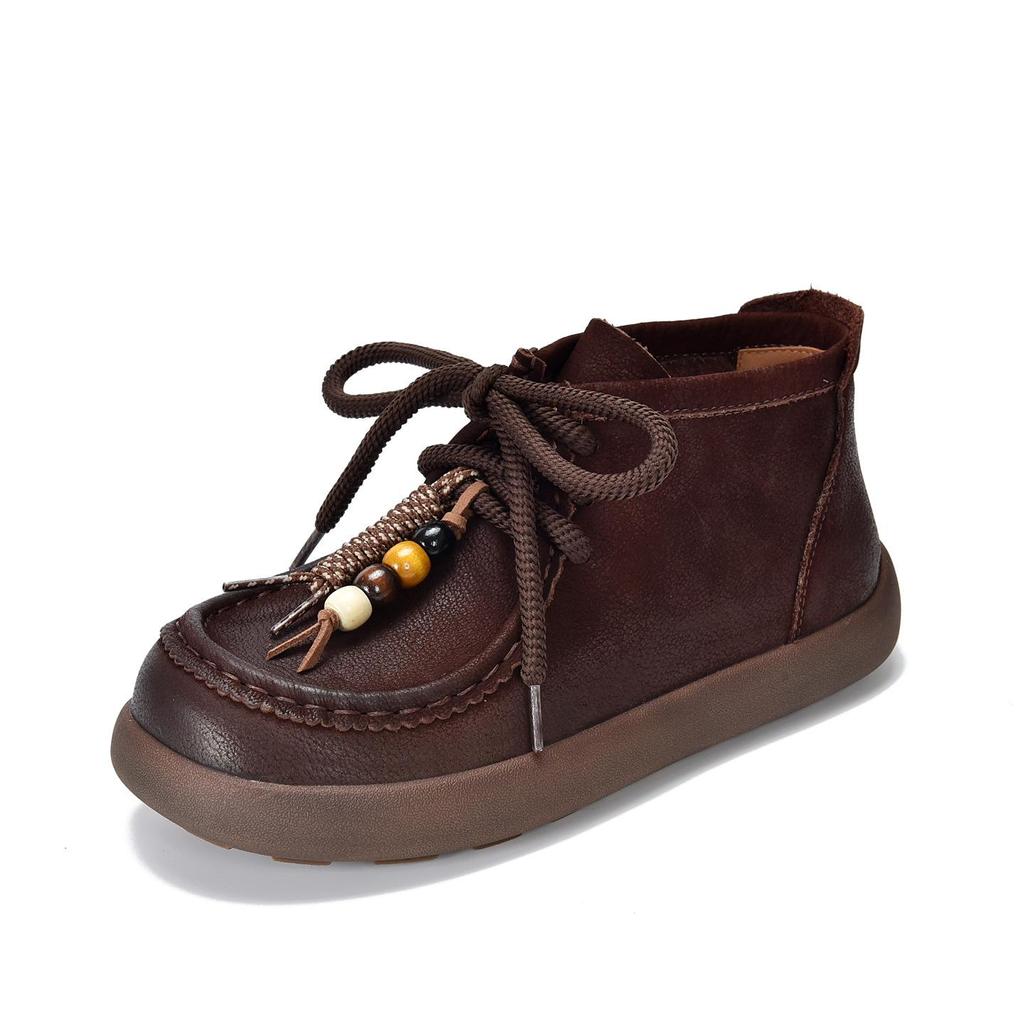 Johnature Genuine Leather Round Toe Lace-up Flat Ankle Boots Casual Versatile Women's Shoes