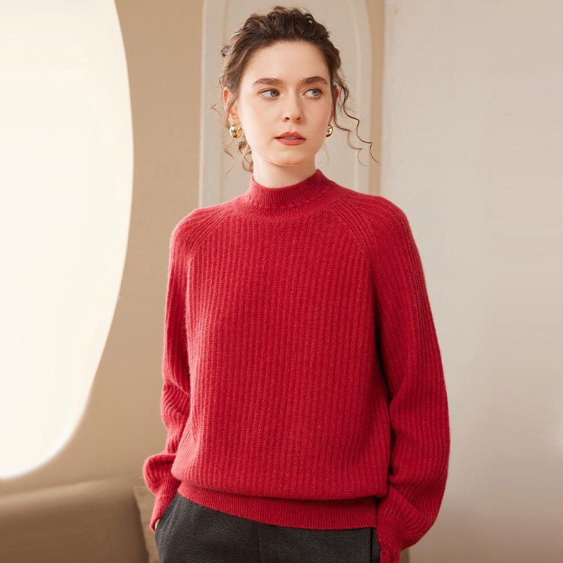 Women's Cashmere Pullover: Loose Fit, Thick 7-Gauge, Half-High Collar, Solid Color Knitwear Sweater for Autumn/Winter.