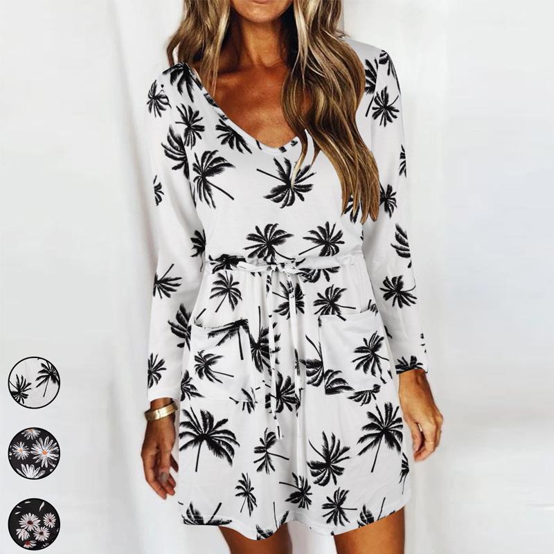 Womens Floral Midi Dress Ladies Holiday Casual Loose Crewneck Long Sleeve Dress