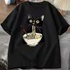 Big Eye Black Cat T Shirt Eating Japanese Ramen Red Chopsticks Noodle Bowl Cute Oriental Pet Graphic Unisex Oversized Streetwear 2