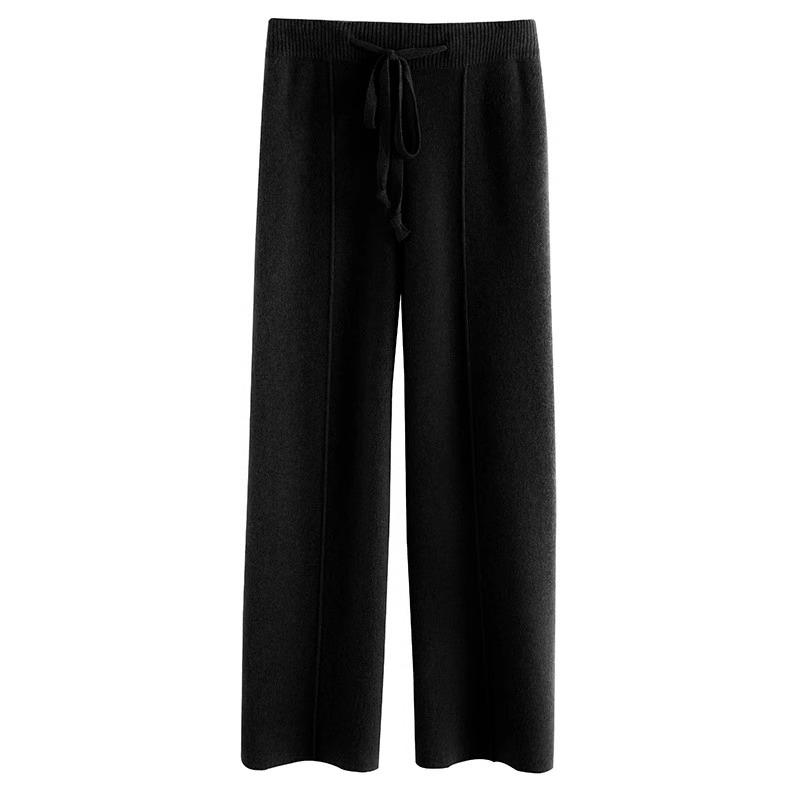 

Осенне-зимние модные женские брюки с высокой талией и завязками на шнурке, тонкие шерстяные осенне-зимние трикотажные прямые повседневные длинные брюки, элегантные свободные брюки 2367 L чёрный
