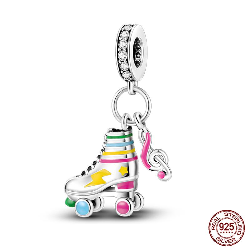 925 Silver Pink Heart Wings Skating Shoe Aircraft Camera Charms Beads Pendant Fit Qikaola 925 Original Bracelet Jewelry