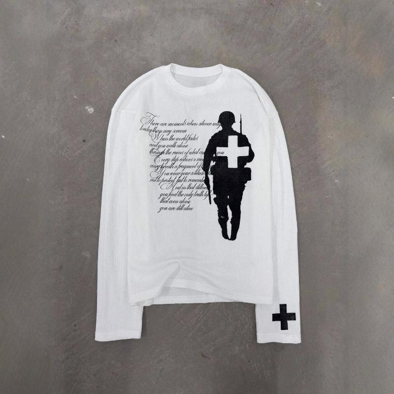European and American Autumn Street Fashion Personalized Printed Retro Round Neck Long Sleeved T-shirt for Men and Women