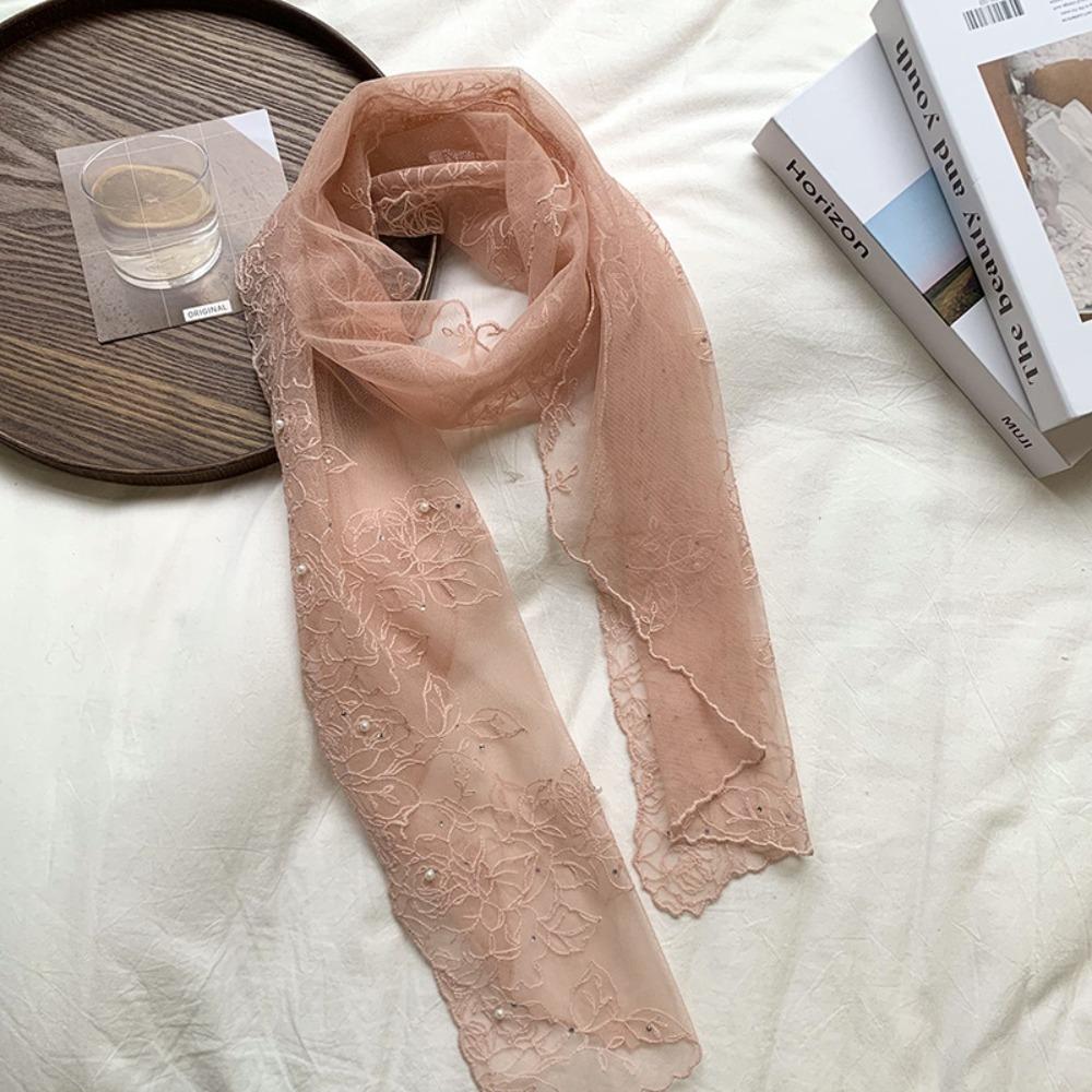 Foreign Style Lace Silk Scarf Pearl Triangle Scarf Fashion Long Scarf