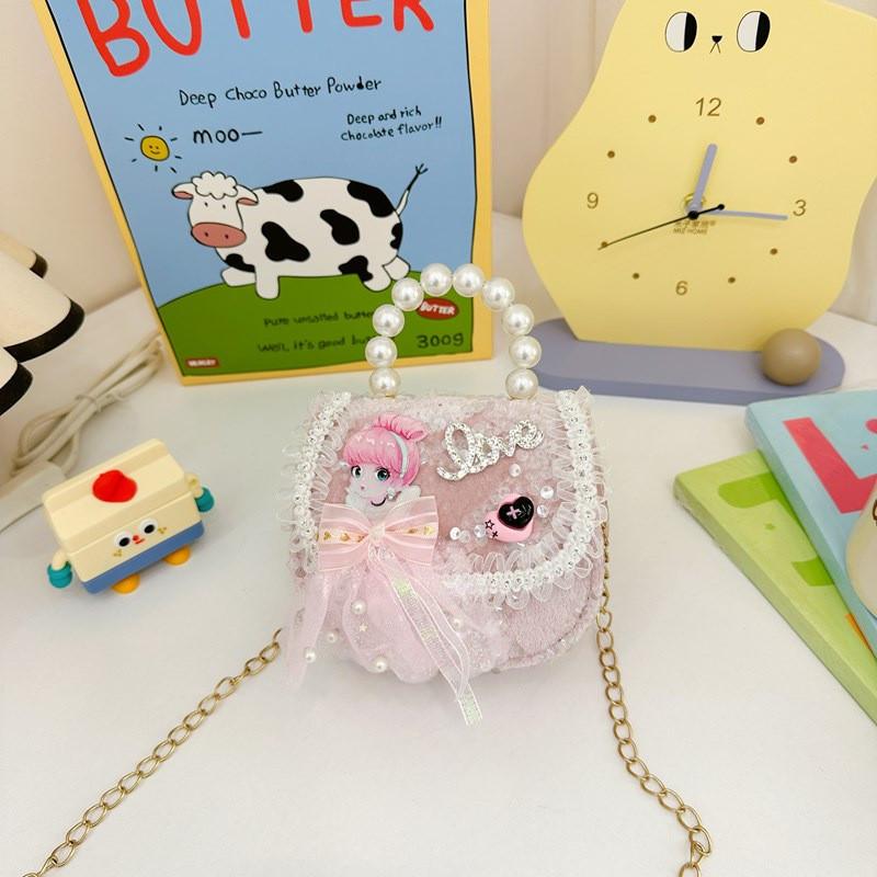 Charming Pink Bow Sequin Girls Shoulder Bag With Pearl Chain For Kids Fashion