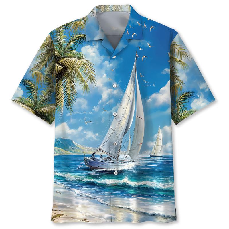 Pánská letní košile s 3D potiskem plachetnice, ležérní vintage streetwear top s krátkým rukávem