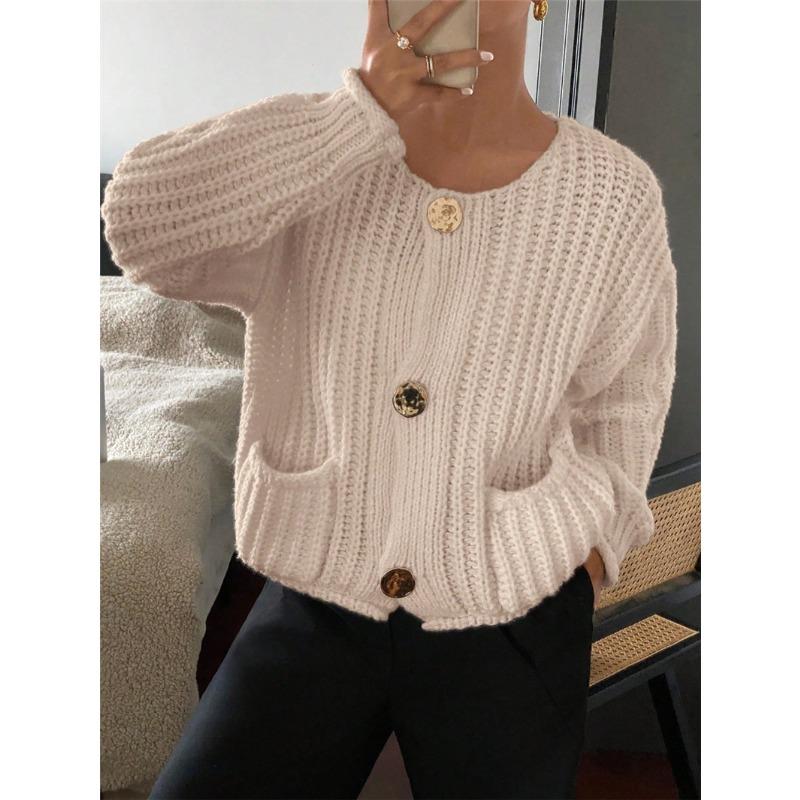 Womens Loose Round Neck Knit Cardigan With Pockets Three Buttons Long Sleeve